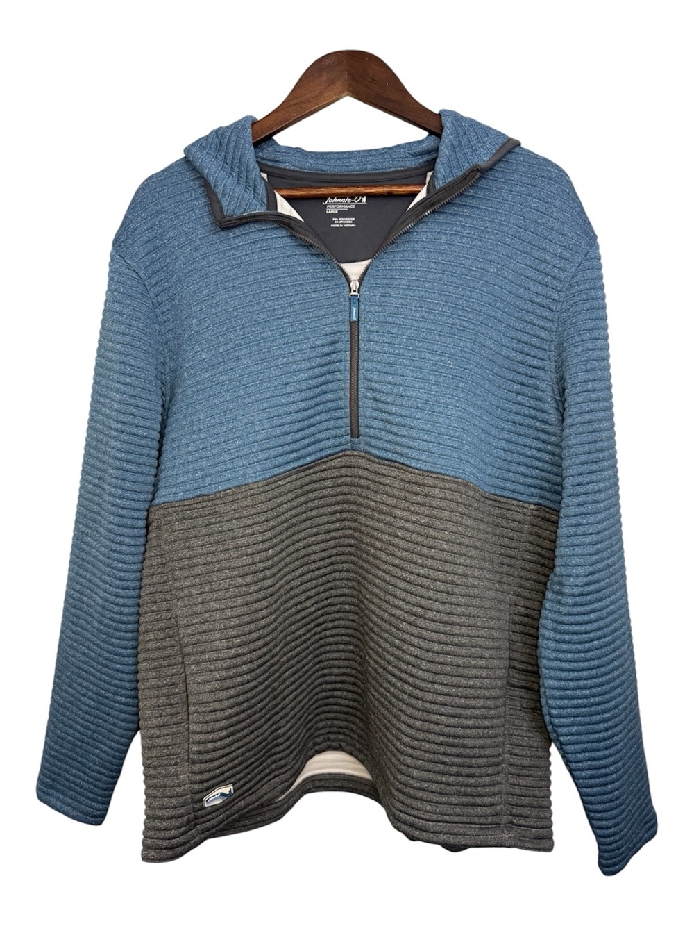 Johnnie-O Performance Hoodie L Blue Gray Ribbed Half Zip Pullover Never Worn
